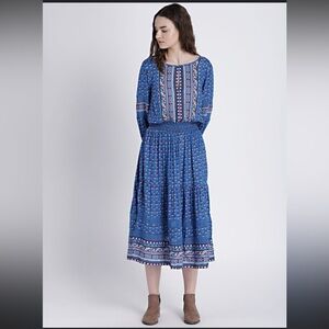 Gap Blue Mix-Print Long Sleeve Tiered Midi Dress - Size Small S